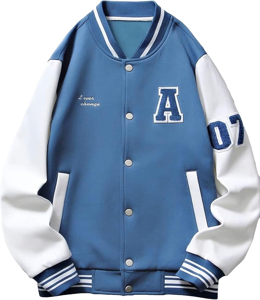 SHENHE Men's Letter Print Varsity Jacket Color Block Streetwear Bomer Baseball Jacket Blue and White XL