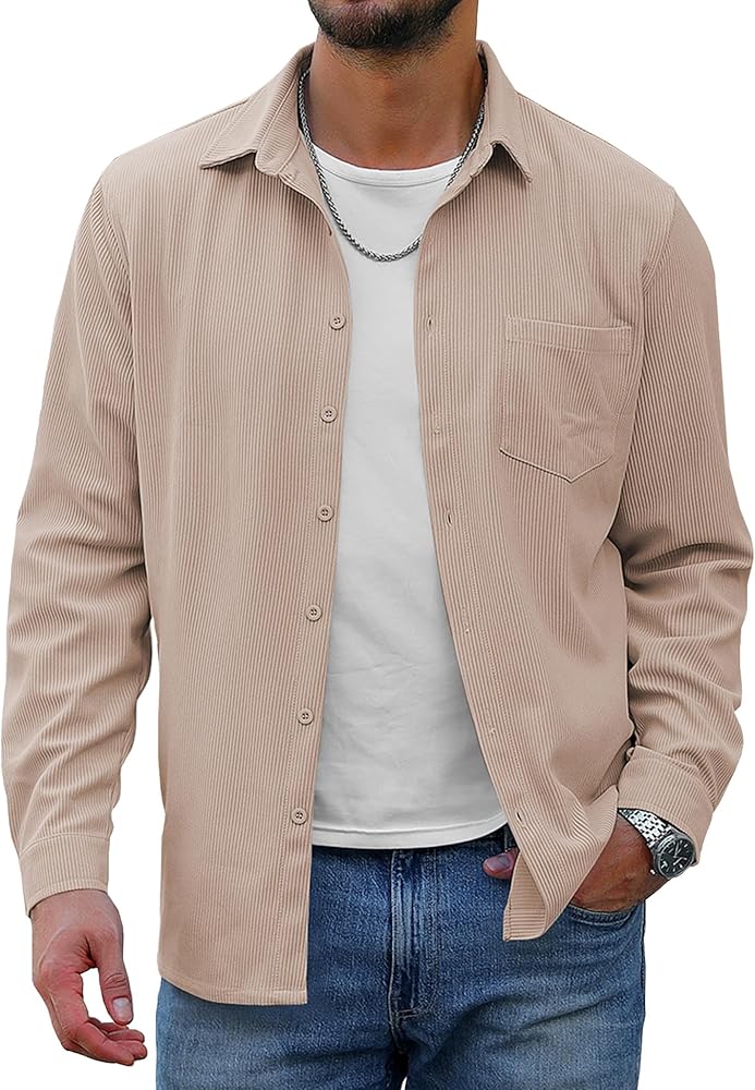 URRU Men's Corduroy Shirts Casual Button Down Long Sleeve Solid Color Lightweight Shacket Jacket with Chest Pocket Khaki XXL