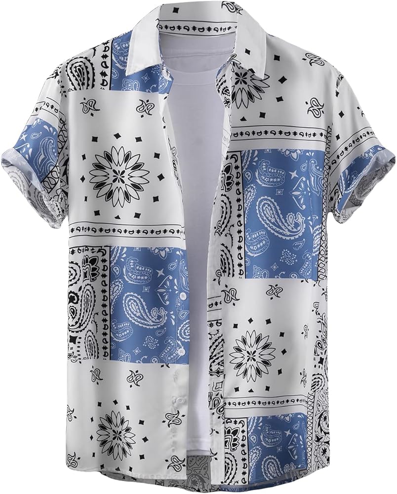 OYOANGLE Men's Short Sleeve Hawaiian Shirt Paisley Print Casual Button Down Aloha Shirt