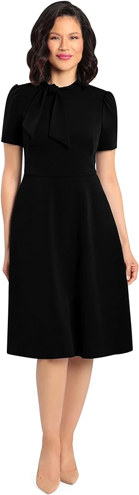 Maggy London Women's Crepe Fabric Flight Attendant Bow Neck Tie Short Sleeve A-line