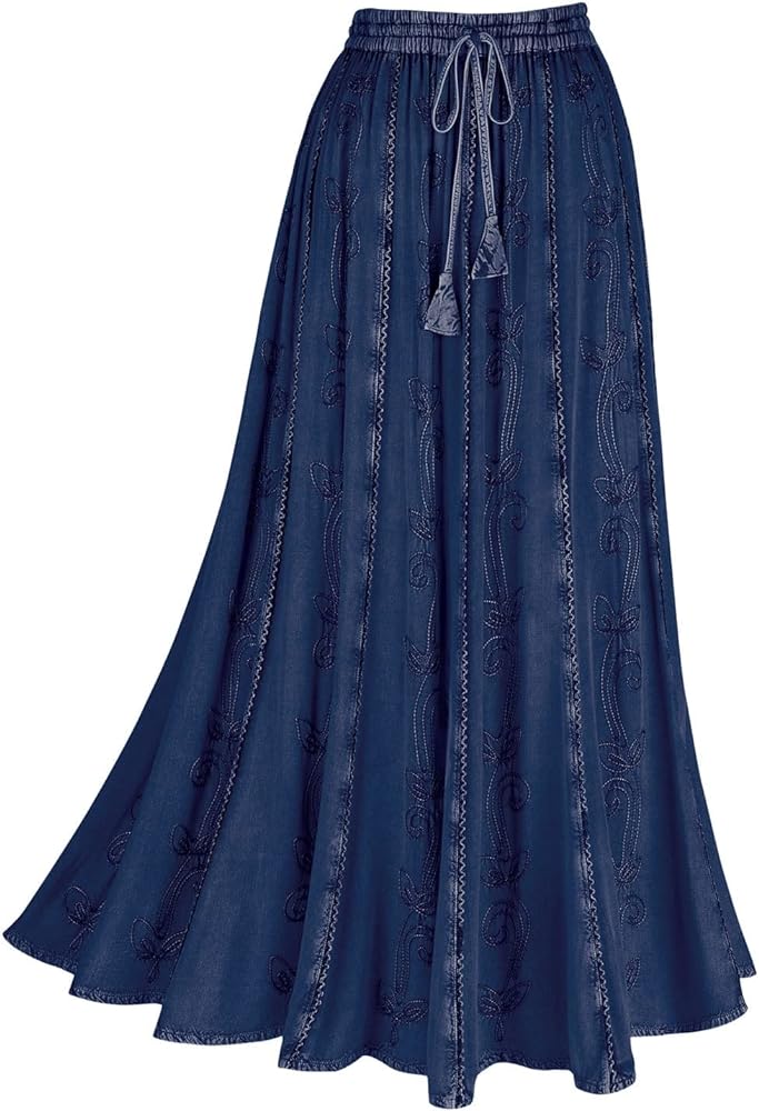 Women's Floral Embroidered Maxi Skirt-Over-Dyed Long Peasant Skirt, Ankle Length