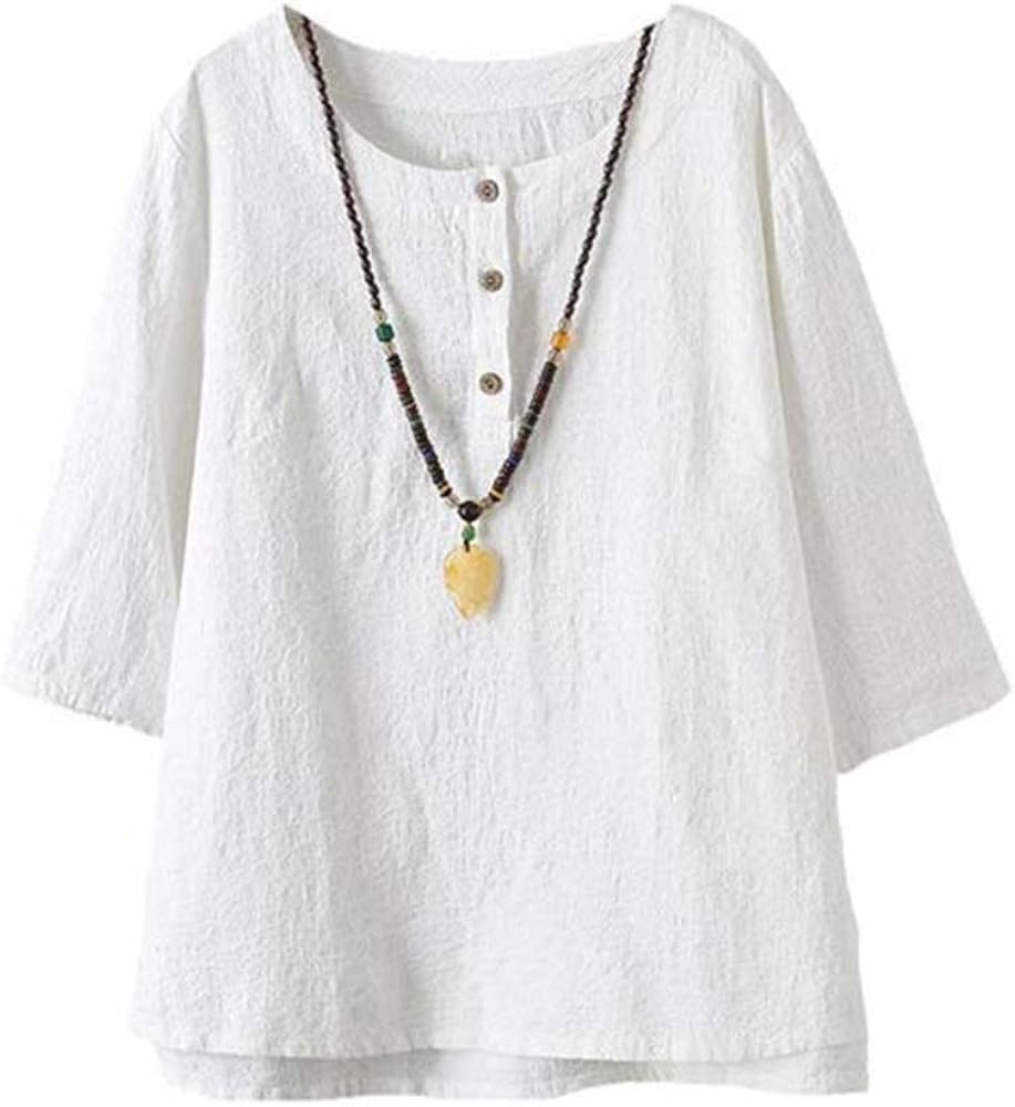 FTCayanz Women's Linen Tops Shirts Summer Casual Jacquard Tunic Blouse