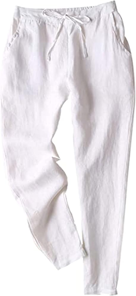 Tanming Linen Pants for Women Summer Casual High Waisted Drawstring White Beach Pant