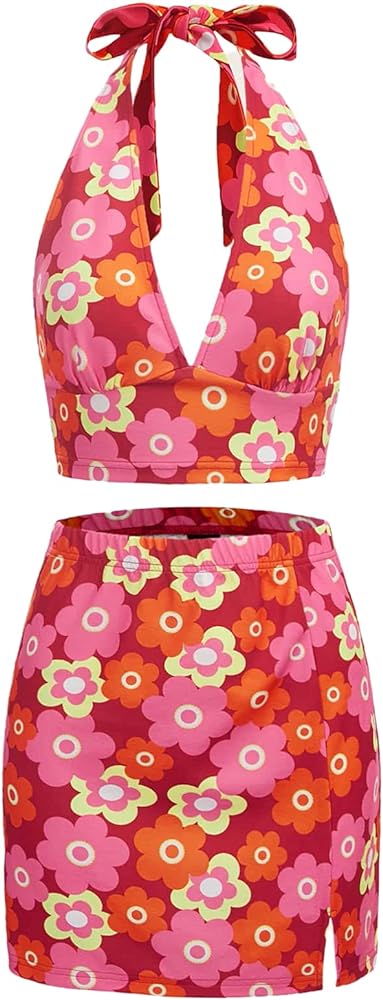 Verdusa Women's 2 Piece Outfit Floral Crop Halter Top and Split Bodycon Sets