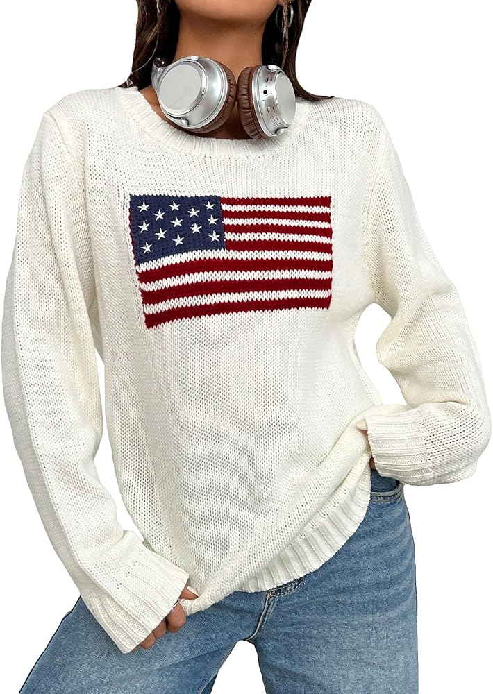 GORGLITTER Women's American Flag Graphic Long Sleeve Sweater Knit Round Neck Pullover Top