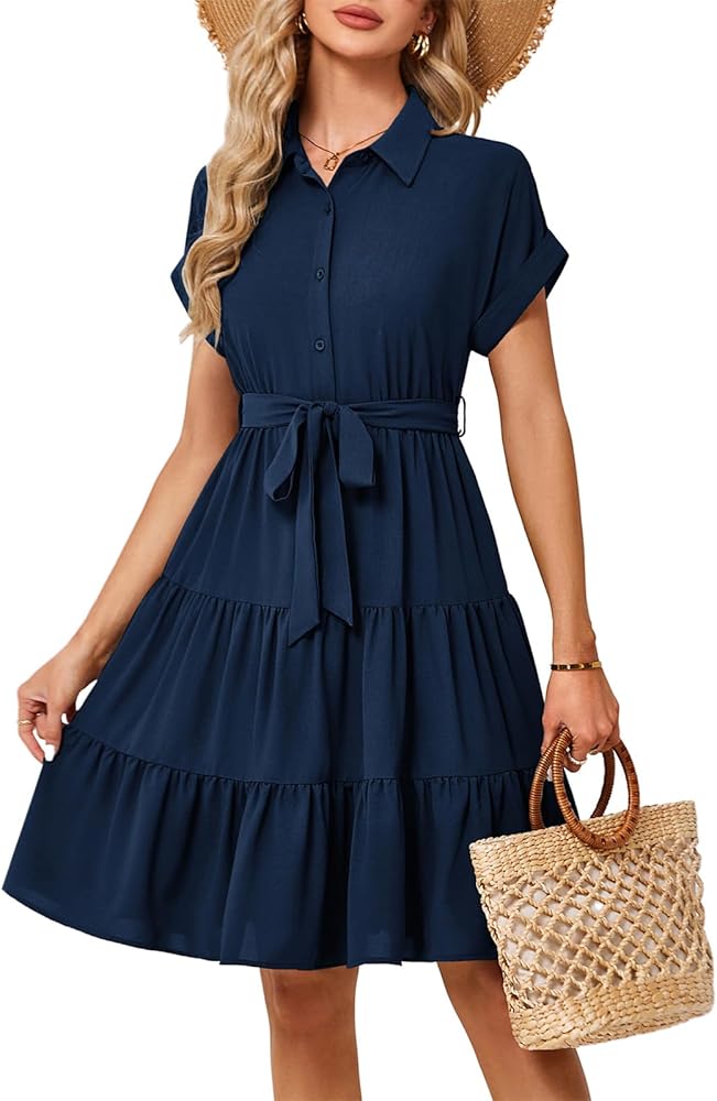 JASAMBAC Women's Button Down Shirt Dress 2024 Casual Work Summer Collared V Neck Elastic Waist Flowy Pocket Beach Sundress