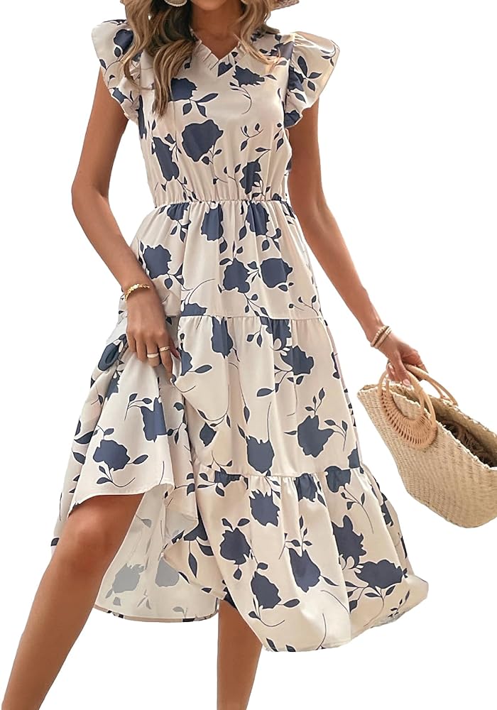 SOLY HUX Summer Dresses for Women Floral Print V Neck Cap Sleeve A Line Ruffle Hem Midi Dress