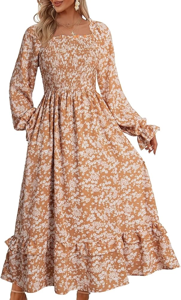 Dokotoo Fall Dresses for Women 2024 Casual Floral Square Neck Long Sleeve Smocked Elastic Waist Tiered Ruffle Hem Maxi Dress