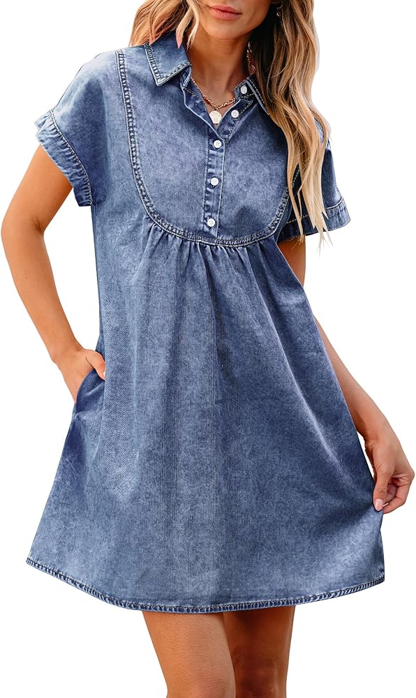 luvamia Denim Dress for Women Summer Short Sleeve Button Down Collared Pleated Western Jean Dresses with Pockets Relaxed