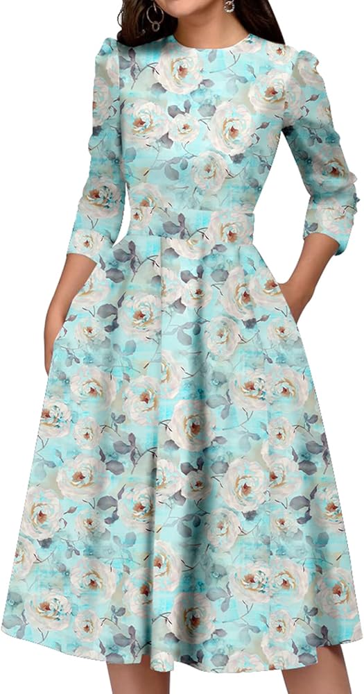 Simple Flavor Women's Floral Vintage Dress Elegant Midi Evening Dress 3/4 Sleeves