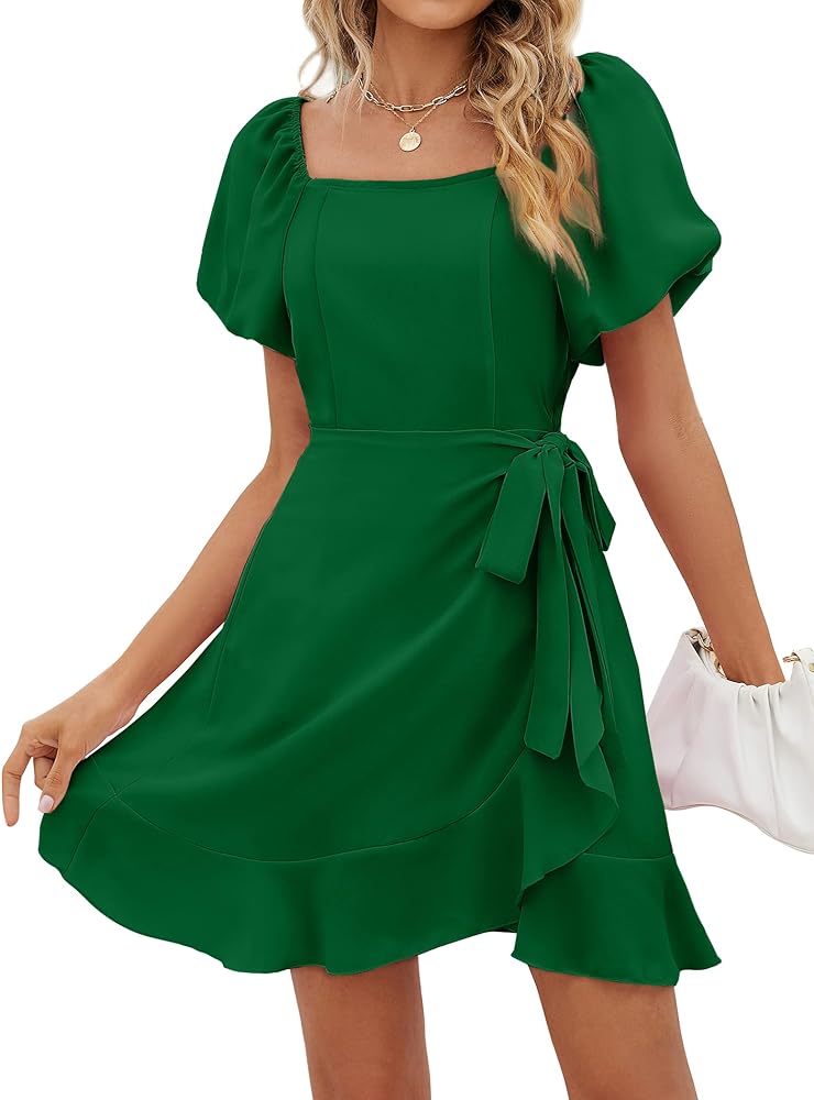 SAMPEEL Puff Sleeve Square Neck Summer Dress for Women 2024 Tie Waist Short Dresses