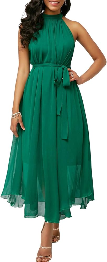 chouyatou Women's Summer Halter Neck Sleeveless Party Beach Maxi Chiffon Dress