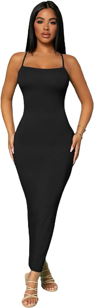 Verdusa Women's Criss Cross Backless Spaghetti Strap Long Cami Bodycon Dress