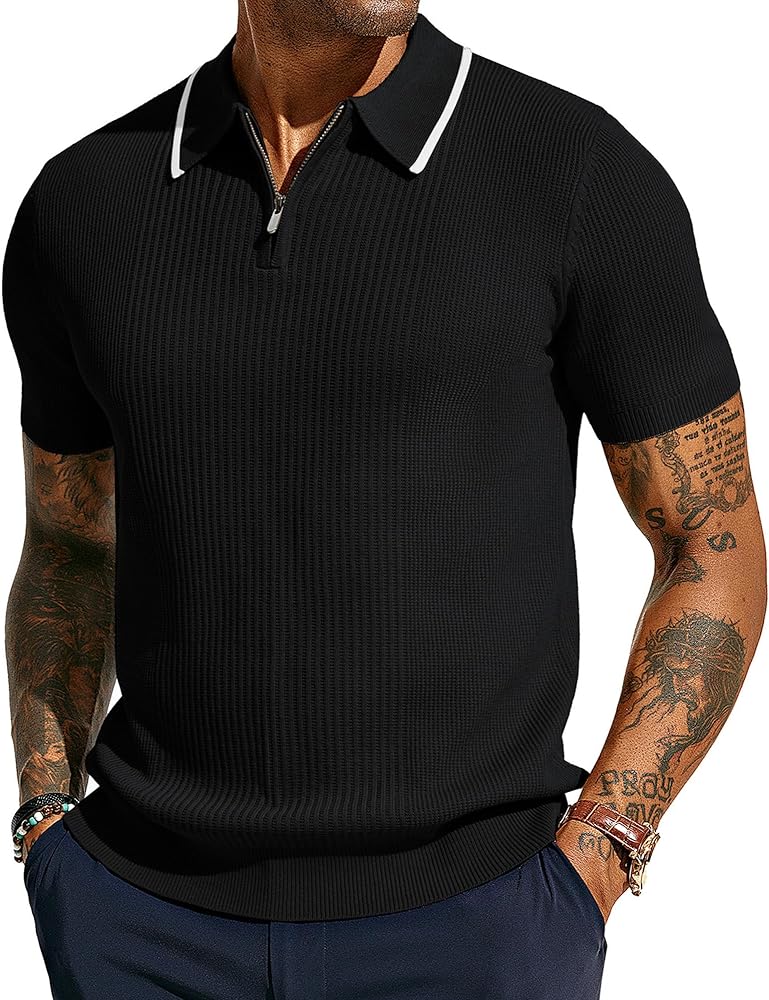 PJ PAUL JONES Men's Quarter Zip Polo Shirts Contrast Collar Knit Polo Shirt Short Sleeve Polos