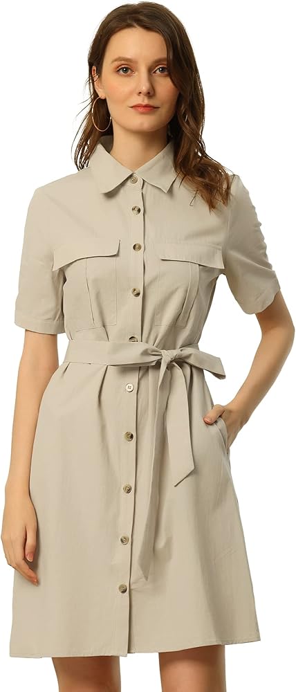 Allegra K Women's Safari Dress Summer Collared Button Down Cotton Belted Shirtdress