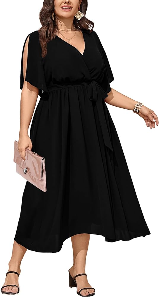 Women's Plus Size Maxi Dress Short Sleeve Wrap V Neck Tie Waist A Line Long Dress