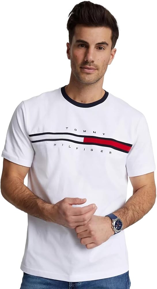 TOMMY HILFIGER Men's Regular Fit Flag Embroidered Crew Neck T-Shirt 2024 Collection, Large, White