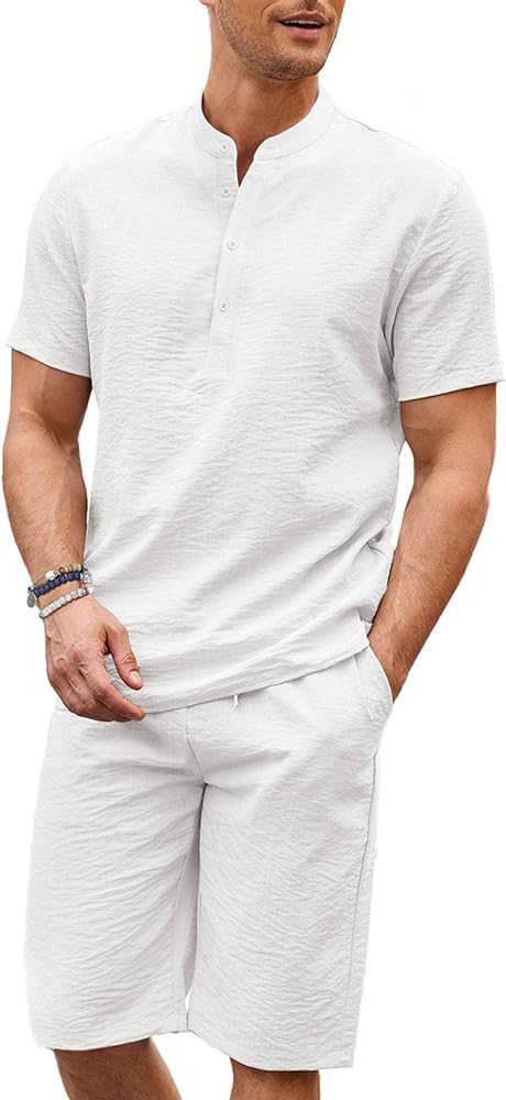 COOFANDY Men's 2 Pieces Linen Set Casual Henley Shirts Short Sleeve Beach Yoga Shorts Summer Pants Outfits