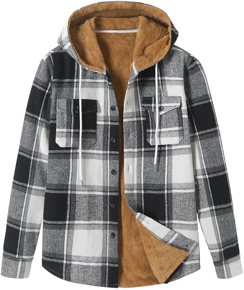 JMIERR Men's Casual Button Down Fleece Flannel Jackets Shirt Plaid Cotton Hoodies for Men Drawstring Hooded Jackets Shirt