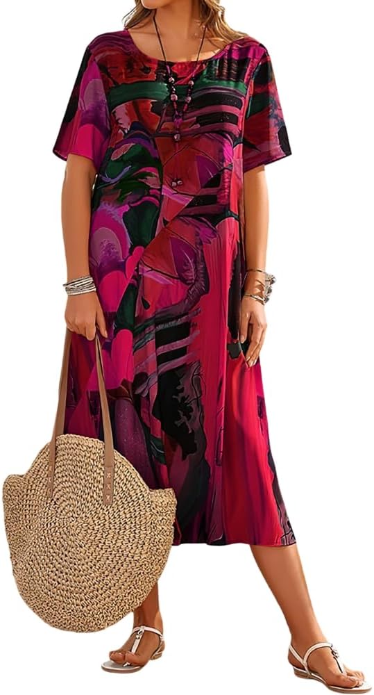 Akivide Womens Summer Boho Short Sleeve Vacation Midi Dress Loose Tunic Crew Neck Tshirt Beach Sun Dresses for Women 2024