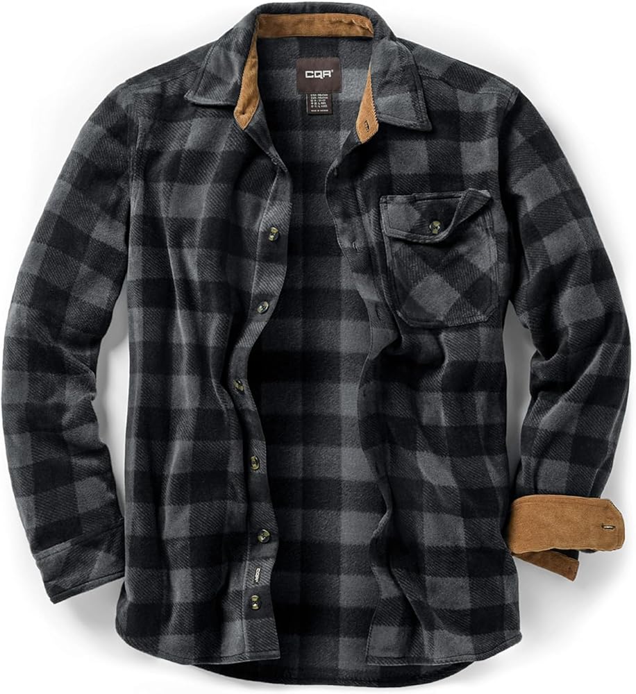 CQR Men's Long Sleeve Heavyweight Fleece Shirts, Plaid Button Up Shirt, Warm Corduroy Lined Collar & Cuffs Shirt