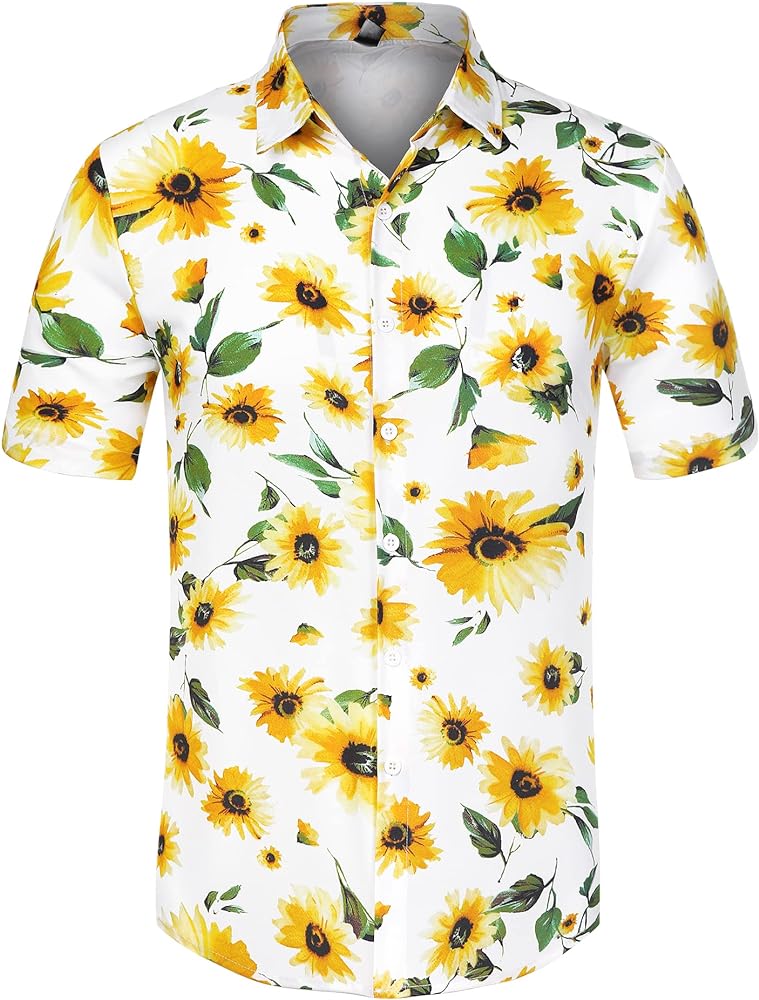 Lars Amadeus Men's Sunflower Printed Shirts Short Sleeve Button Down Floral Shirt