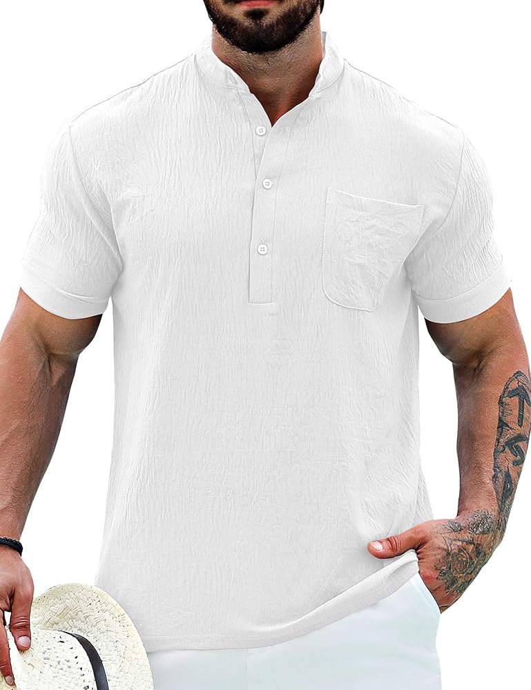 URRU Men's Casual Henley Shirt Band Collar Short Sleeve Shirt Summer Beach Hippie Shirt