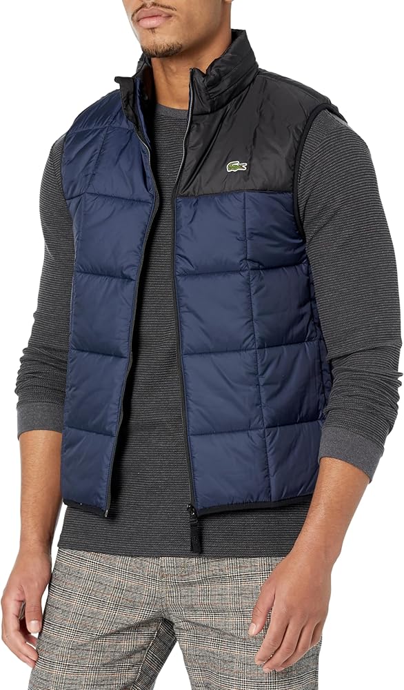 Lacoste Men's Color Blocked Full Zip Sleeveless Vest W/Hood, Navy Blue/Black, S/M