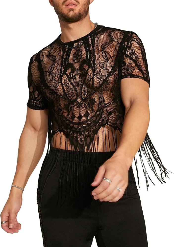 WDIRARA Men's Floral Lace Mesh Fringe Hem Shirts Scoop Neck Short Sleeve Asymmetrical Design Shirt See Through Party Outfits