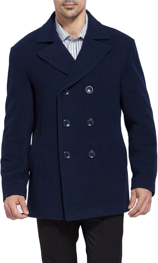 BGSD Men Mark Classic Wool Blend Double Breasted Walking Pea Coat (Also available in Big and Tall and Short)