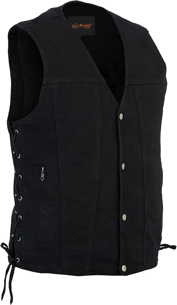 Daniel Smart Biker Vest for Men Motorcycle Blue & Black Denim Vest with Side Laces and Concealment Armory Pocket