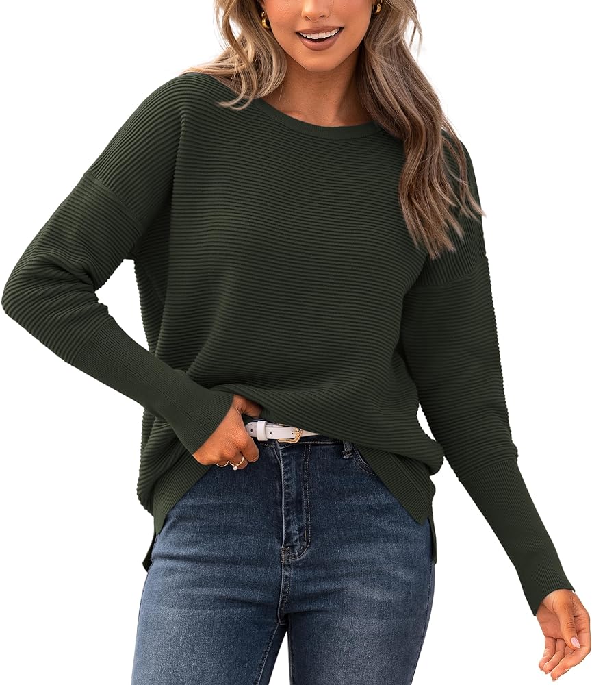 BTFBM Casual Women 2024 Fall Sweater Long Sleeve Ribbed Knit Pullover Loose Crewneck Batwing Split Sweater