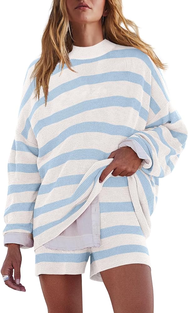 LAMISSCHE Womens Oversized Lounge Sets 2 Piece Outfits Striped Matching Pajama Set Long Sleeve Sweater Set