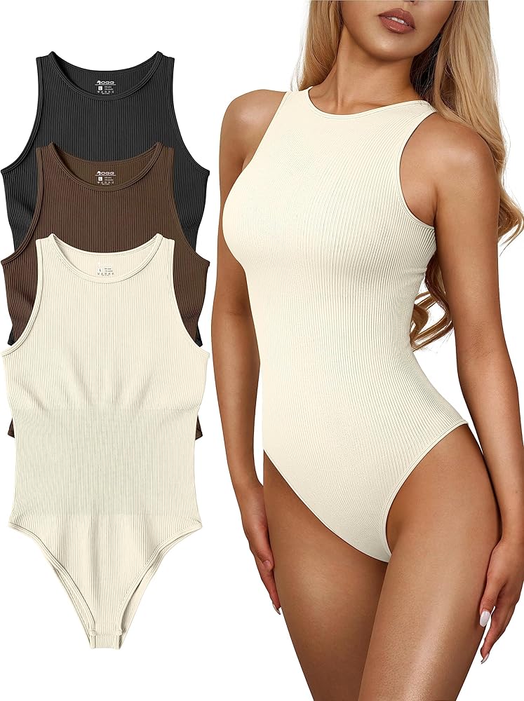 OQQ Women's 3 Piece Bodysuits Sexy Ribbed One Piece Sleeveless Halter Neck Bodysuits