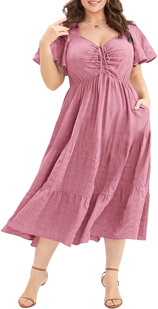 Eytino Womens Plus Size Summer Dress Short Sleeve Sweetheart Neck Ruffle Tiered Maxi Long Dresses(1X-5X)