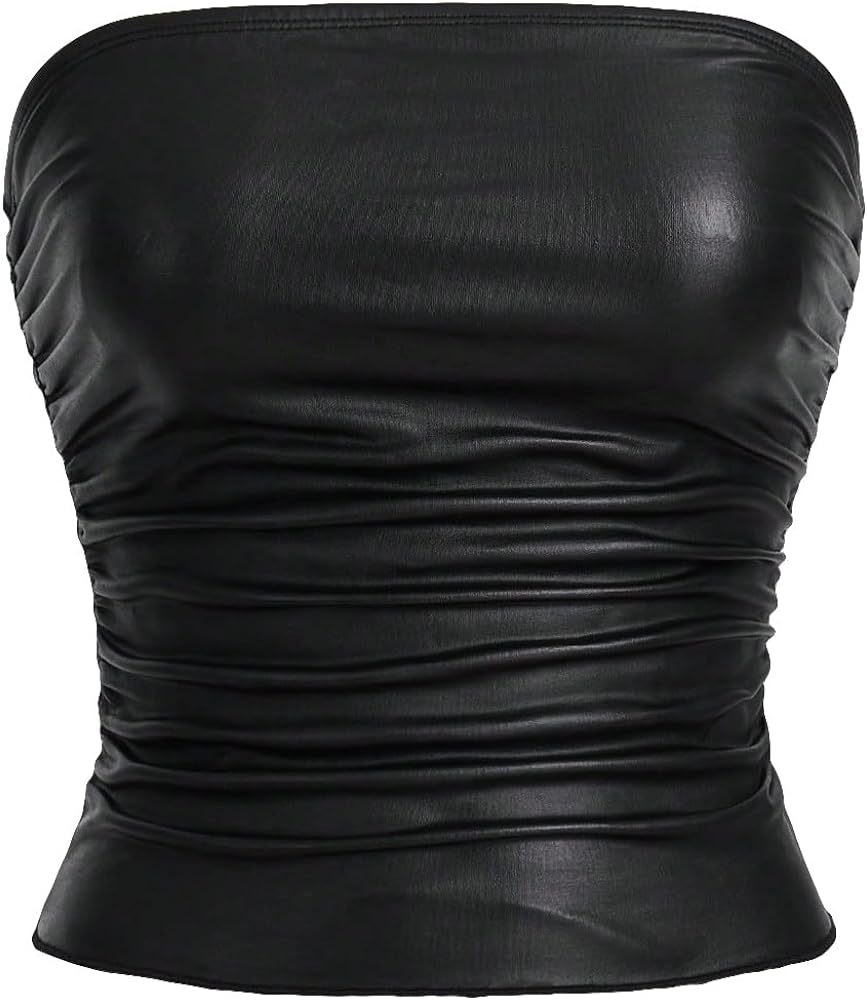 SOLY HUX Women's PU Leather Ruched Tube Top Strapless Sexy Party Clubwear Tops Going Out Streetwear