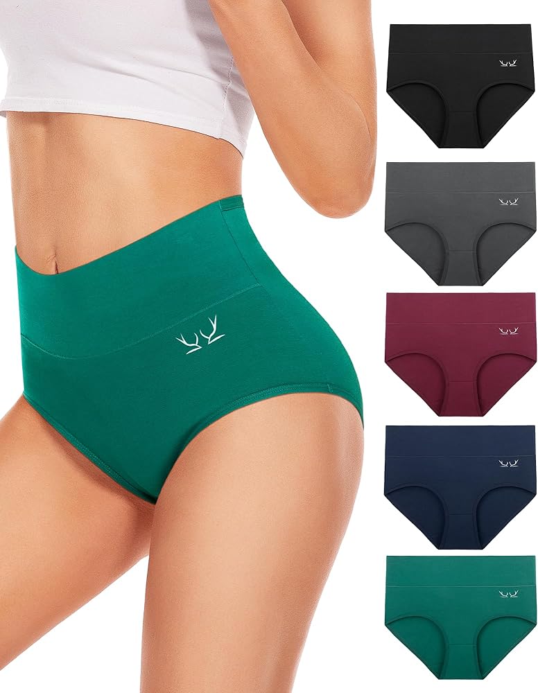 5 Pack Womens High Waisted Underwear Full Coverage Ladies Panties Soft Breathable Cotton Stretch Solid Color Briefs