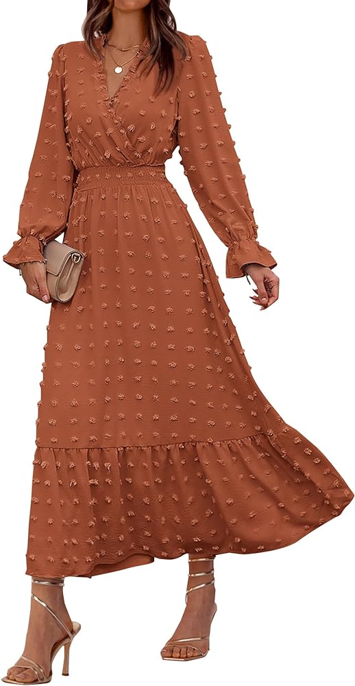 BTFBM Women Fall Dresses 2024 Long Sleeve V Neck Swiss Dots Maxi Dress Boho Long Dress High Waisted A-Line Ruffle Dress