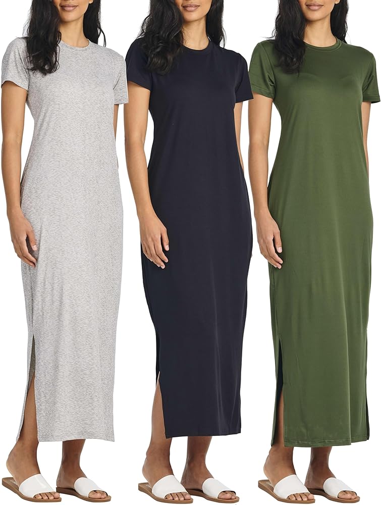 3-Pack: Women’s Casual Short Sleeve Maxi T-Shirt Dress – Summer Dress with Slit & Pockets (Available in Plus Size)