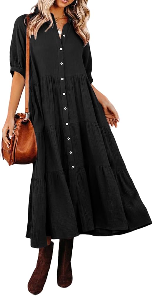 R.Vivimos Women's Summer Cotton Half Sleeves Button Down Casual Loose Slit Midi Dress with Pockets