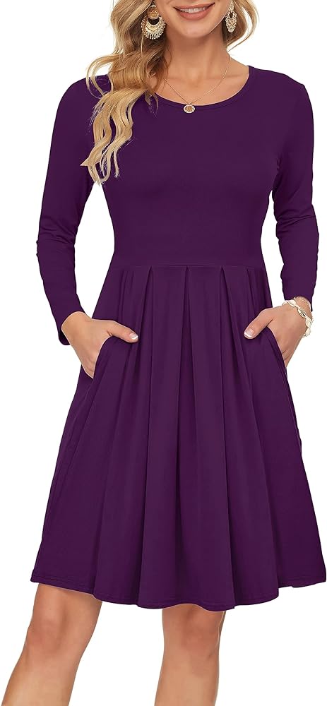 AUSELILY Women's Long Sleeve Pleated Loose Swing Casual Dress with Pockets Knee Length