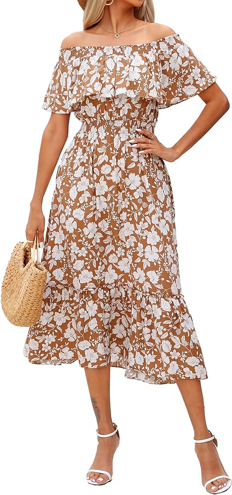 Women's 2024 Spring Summer Boho Off Shoulder Midi Dress Floral Short Sleeve A Line Casual Beach Vacation Dresses