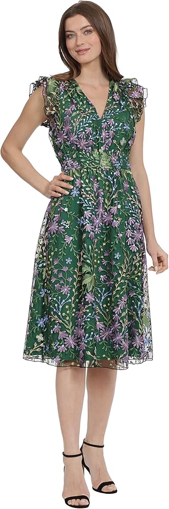 Maggy London Women's V-Neck Garden Floral Embroidered Dress Colorful Feminine Party Event Occasion Guest of