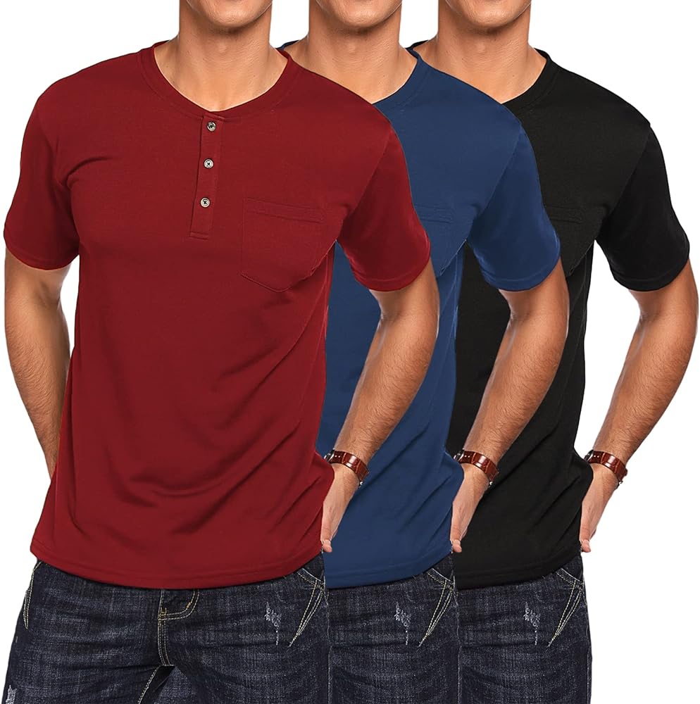 COOFANDY Men's 3 Pack Henley Shirts Short Sleeve Casual Basic Tees Classic Henley Summer Solid T Shirts with Pocket