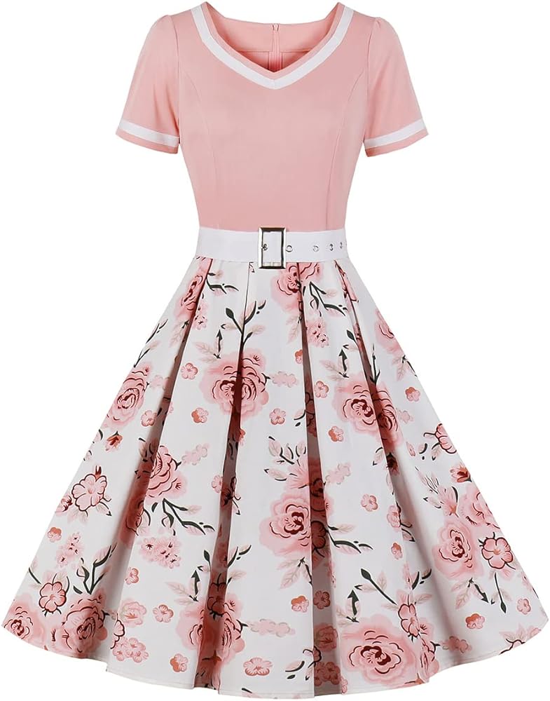 Women 1950s Vintage Short Sleeve Peter Pan Collar Retro Swing A Line Midi Summer Dress Cocktail Party Evening Prom Gown