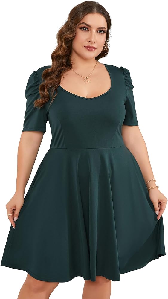 Women Plus Size V Neck Midi Dress Puff Short Sleeve High Waisted Flowy Cocktail Party Dress with Pockets