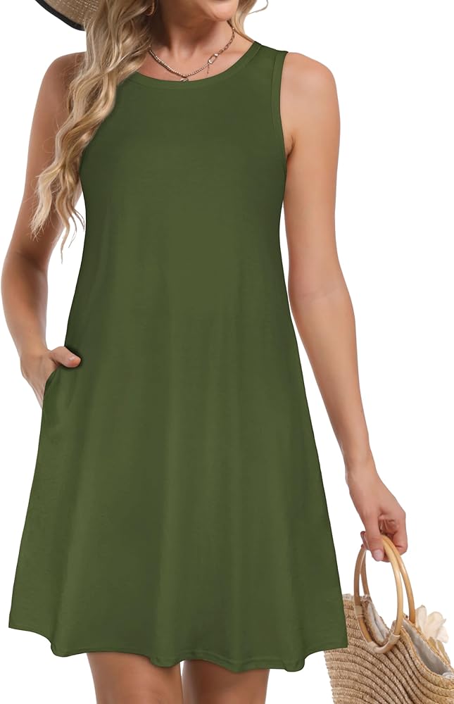 Womens Summer Dresses Casual Sleeveless Tshirt Sundress Beach Cover Up with Pockets Loose Tank Dress