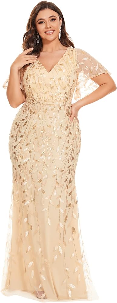 Ever-Pretty Women's V-Neck Curvy Embroidery Formal Dresses Plus Size Sequin Mother of The Bride Dresses 0692-PZUSA