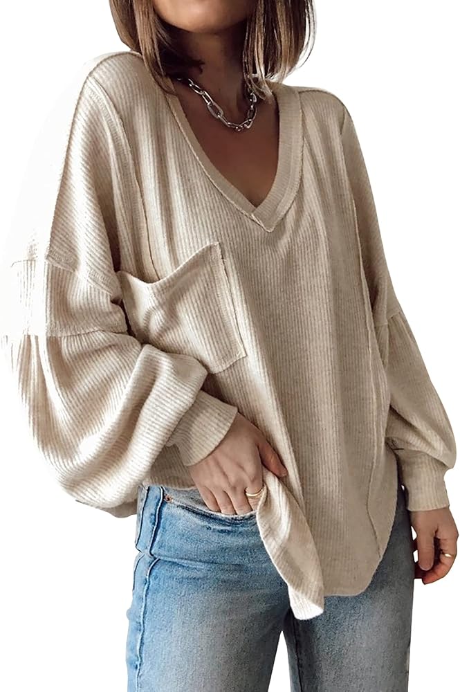 BTFBM Women's Casual V Neck Ribbed Knitted Shirts Pullover Tunic Tops Loose Balloon Sleeve Solid Color Blouses Top