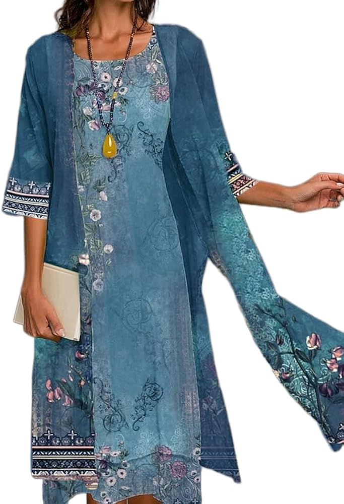 Akivide Womens Flowy Boho Floral Midi Dresses with Jacket Elegant 2 Piece Wedding Guest Chiffon Cocktail Dress